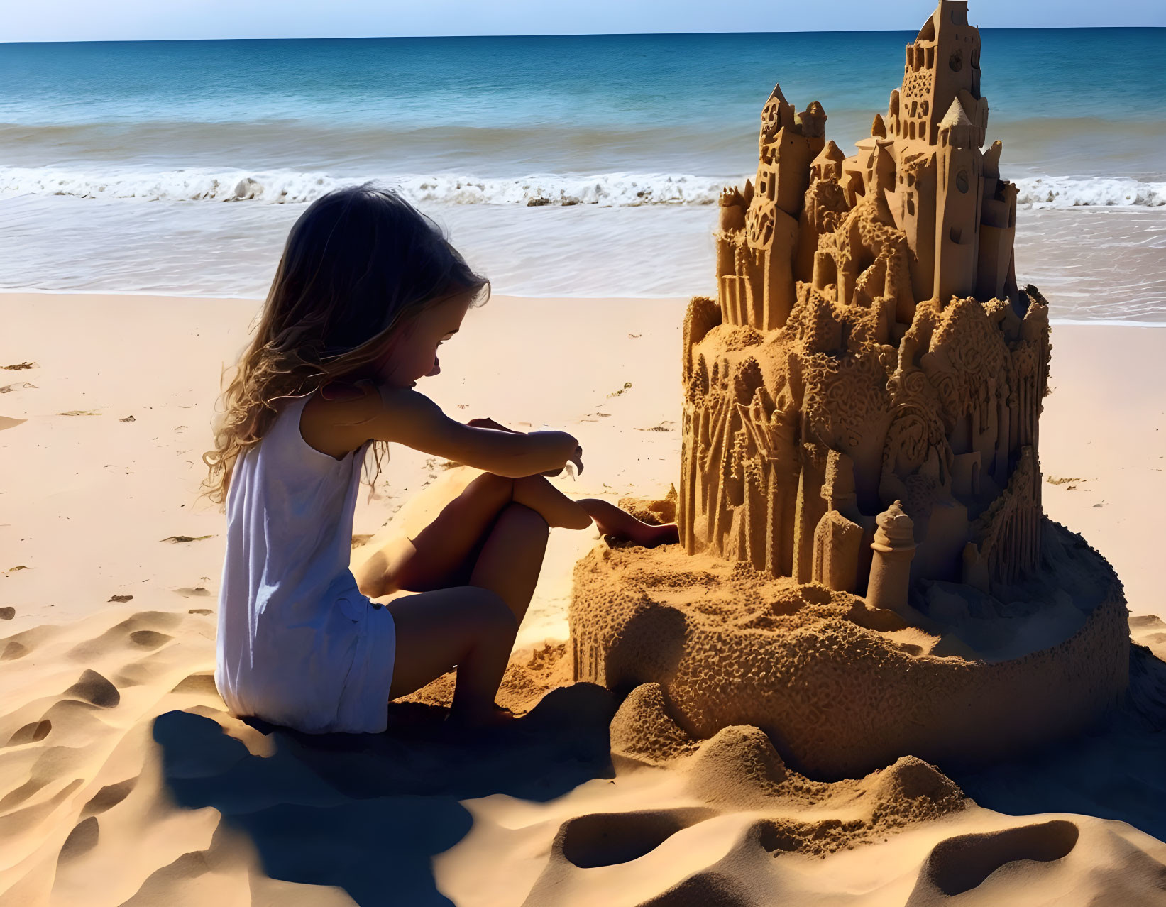 Young girl in white dress builds sandcastle on sunny beach