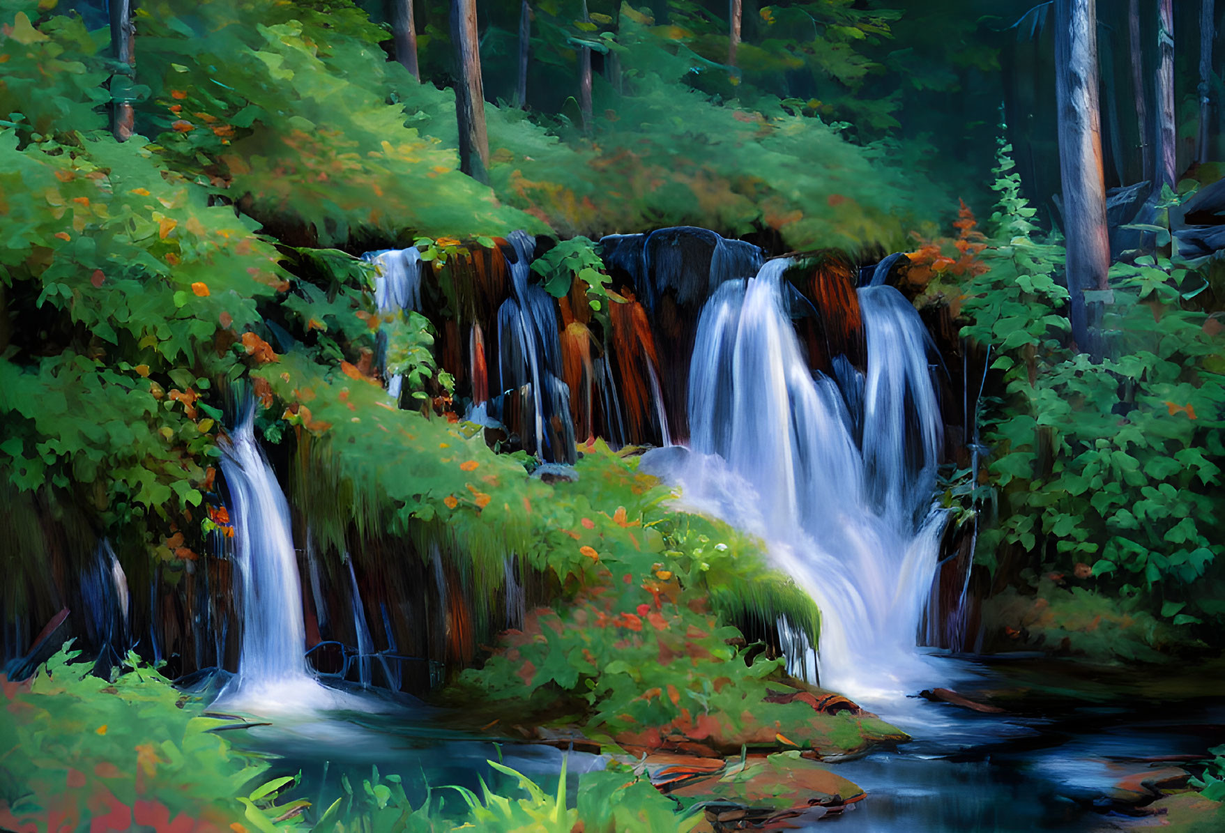 Tranquil waterfall in vibrant forest with lush greenery