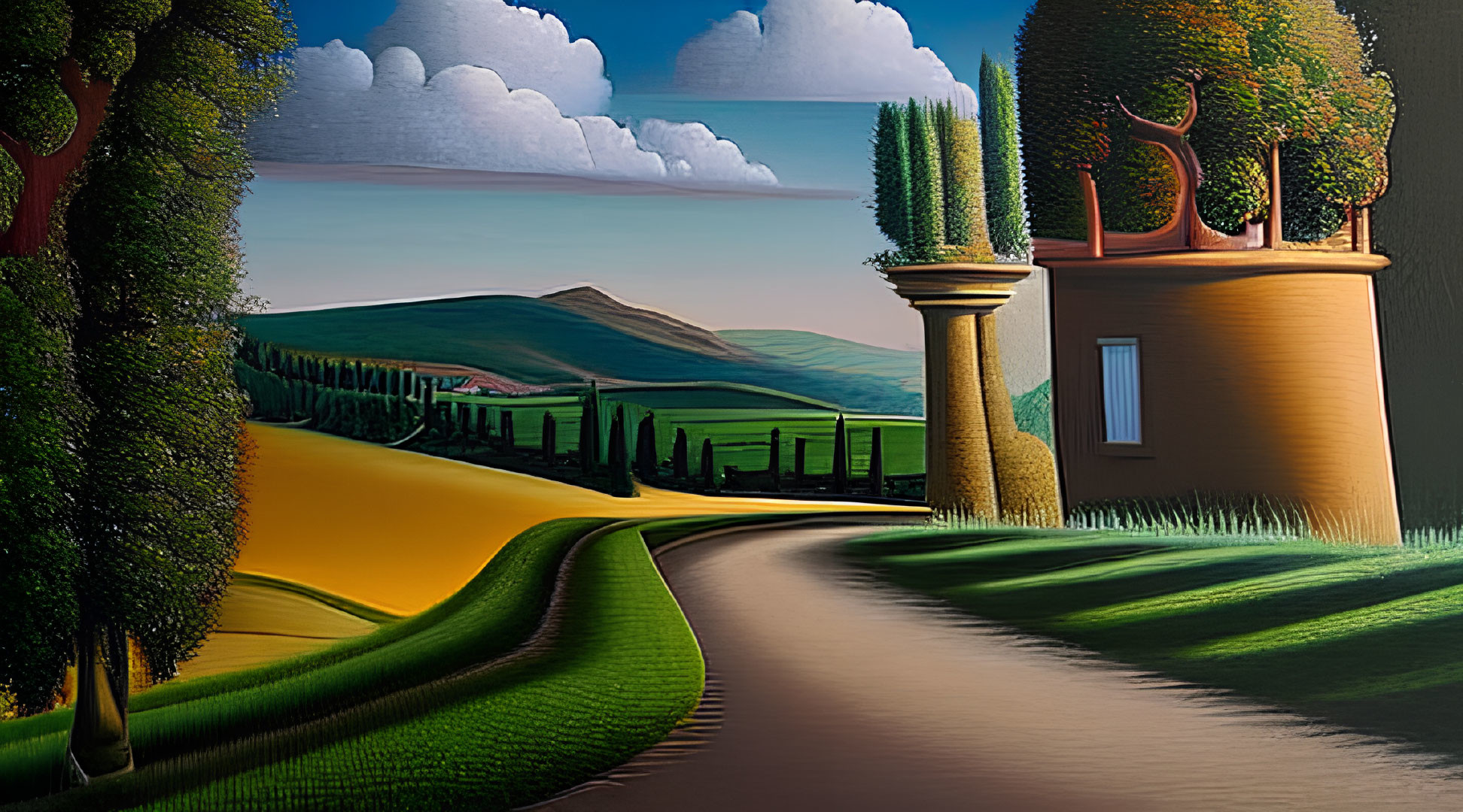 Surreal landscape with cylindrical trees, building, and stylized clouds