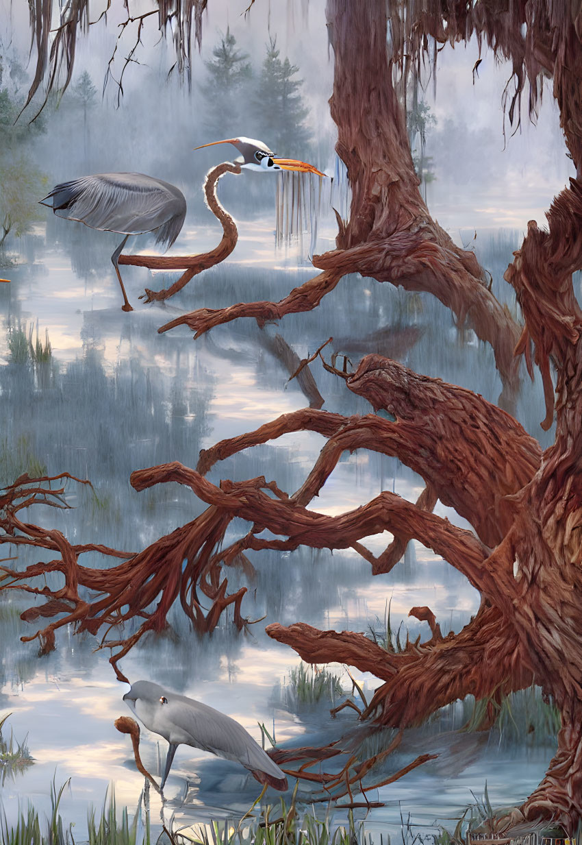 Tranquil swamp scene with two herons in misty water