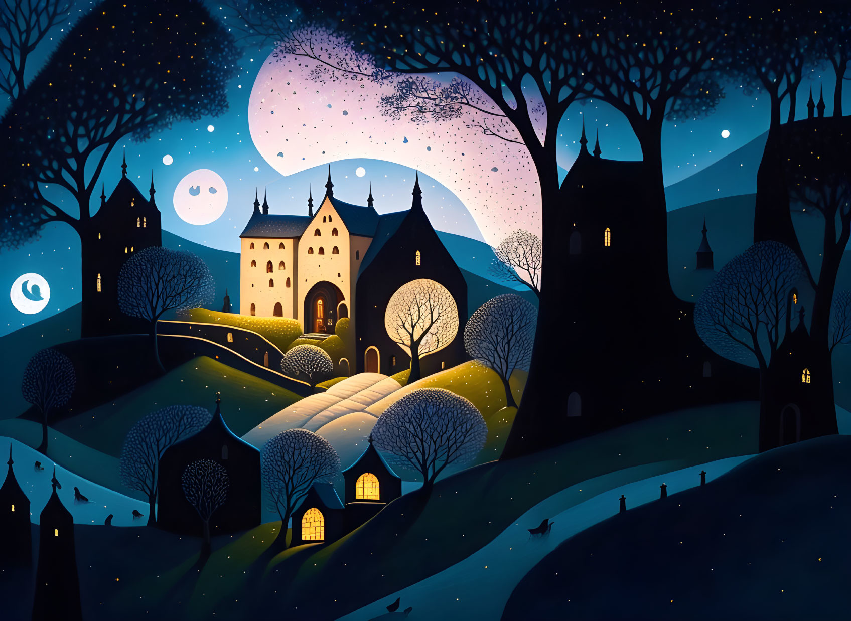 Starry night scene with crescent moon, silhouetted trees & illuminated buildings