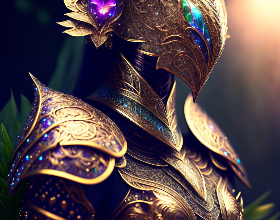 Detailed golden shoulder armor with gemstones on blurred background