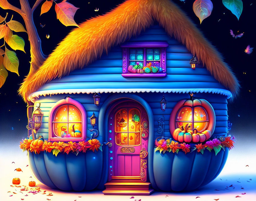 Whimsical pumpkin house surrounded by autumn leaves