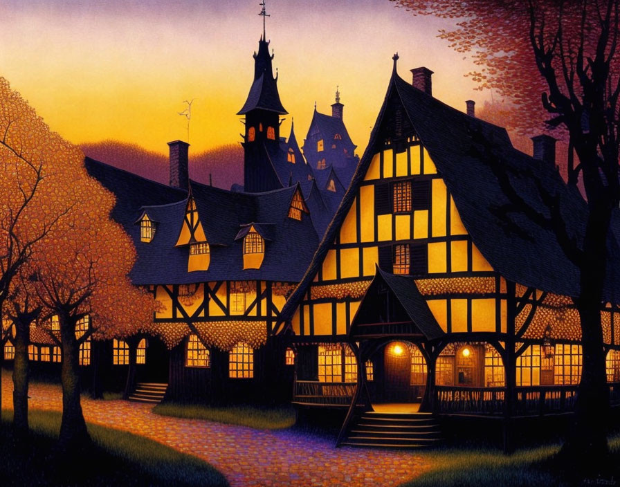 Tudor-style house illustration at twilight with glowing windows