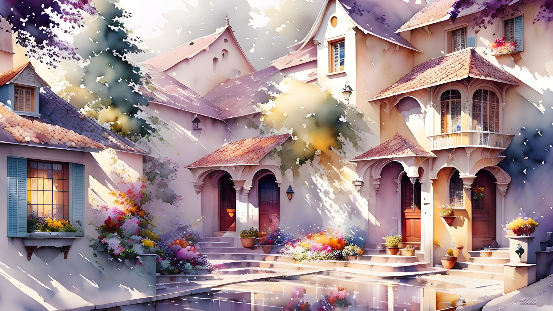 Vibrant digital art of a charming village with colorful flowers