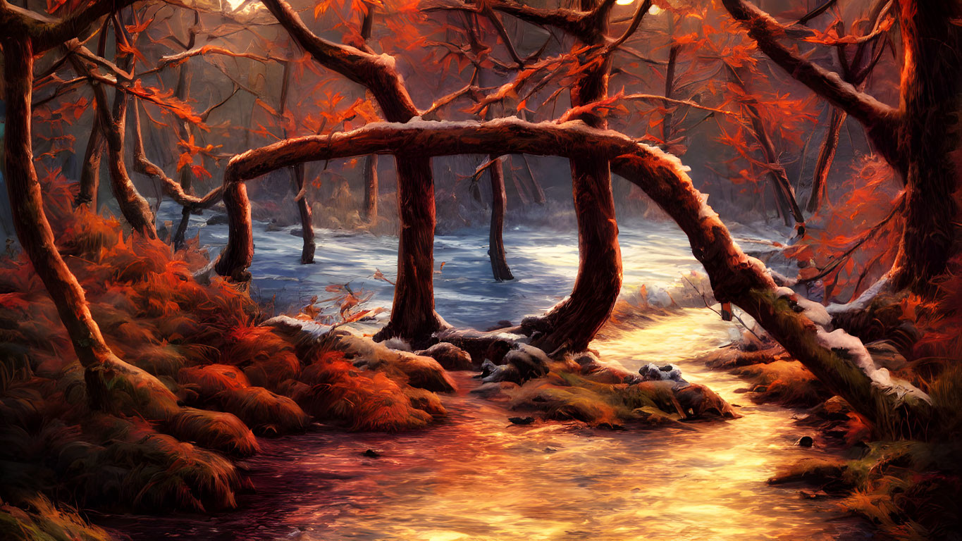 Tranquil autumn forest with stream and vibrant orange leaves