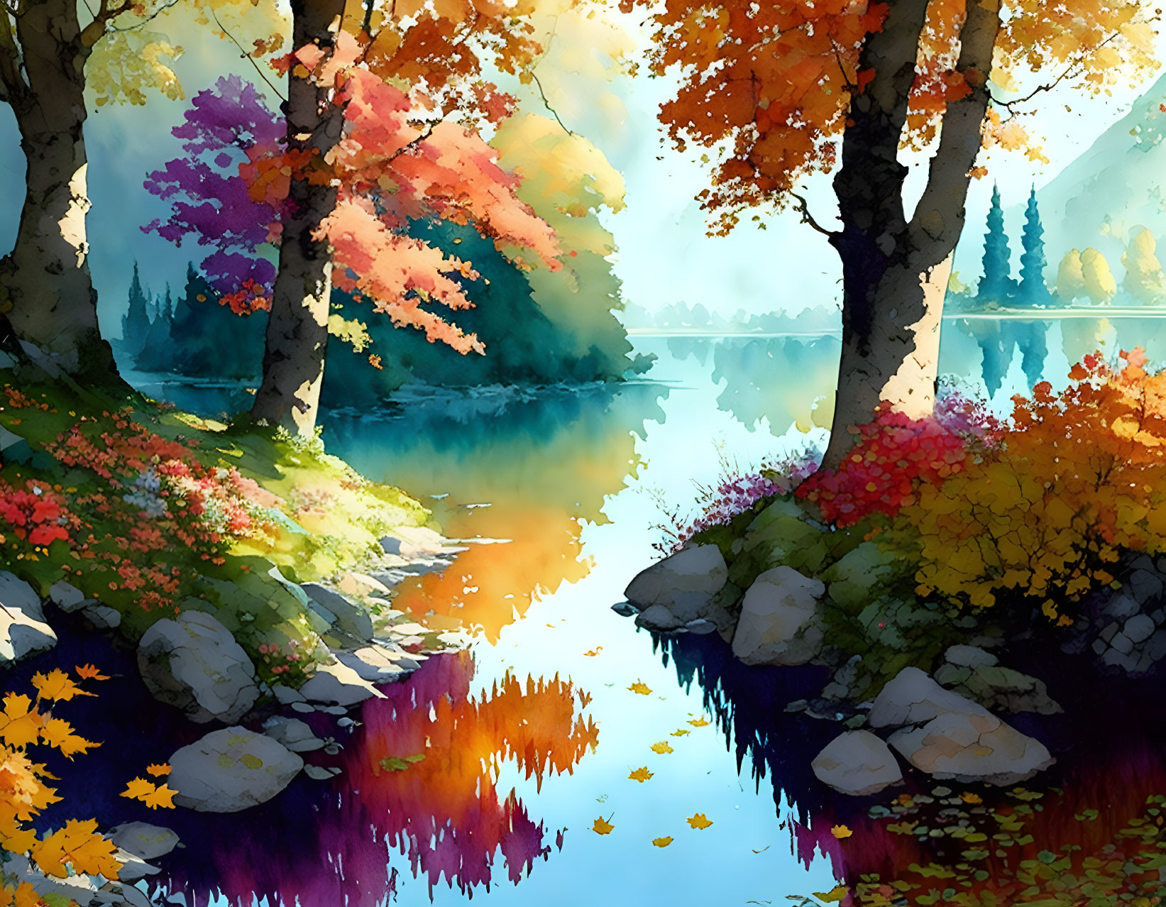 Colorful autumn trees reflecting on serene lake with light and shadows