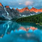 Scenic snowy mountain peaks at sunset reflected in tranquil lake