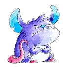 Cartoonish creature with purple fur and playful features