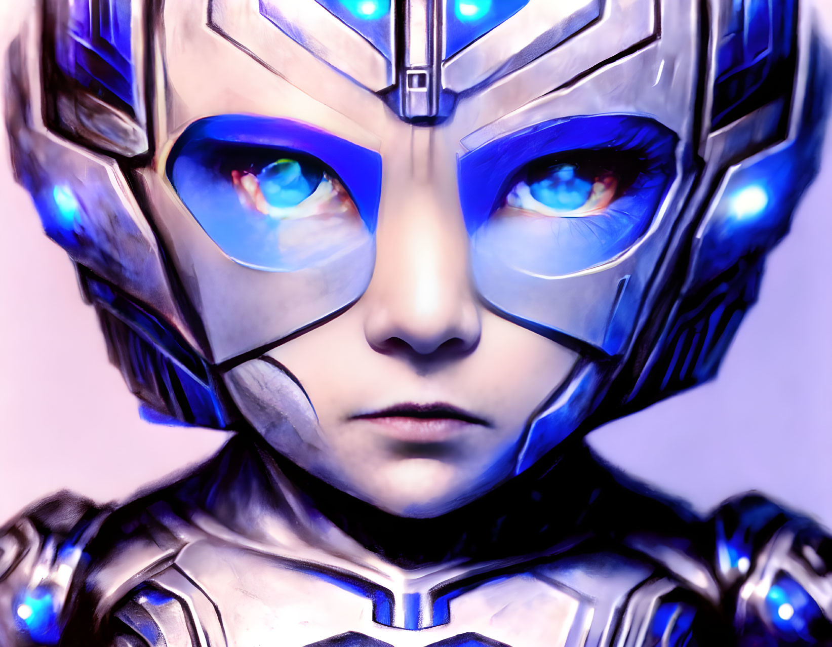 Person with futuristic silver helmet and glowing blue lines, intense eyes.