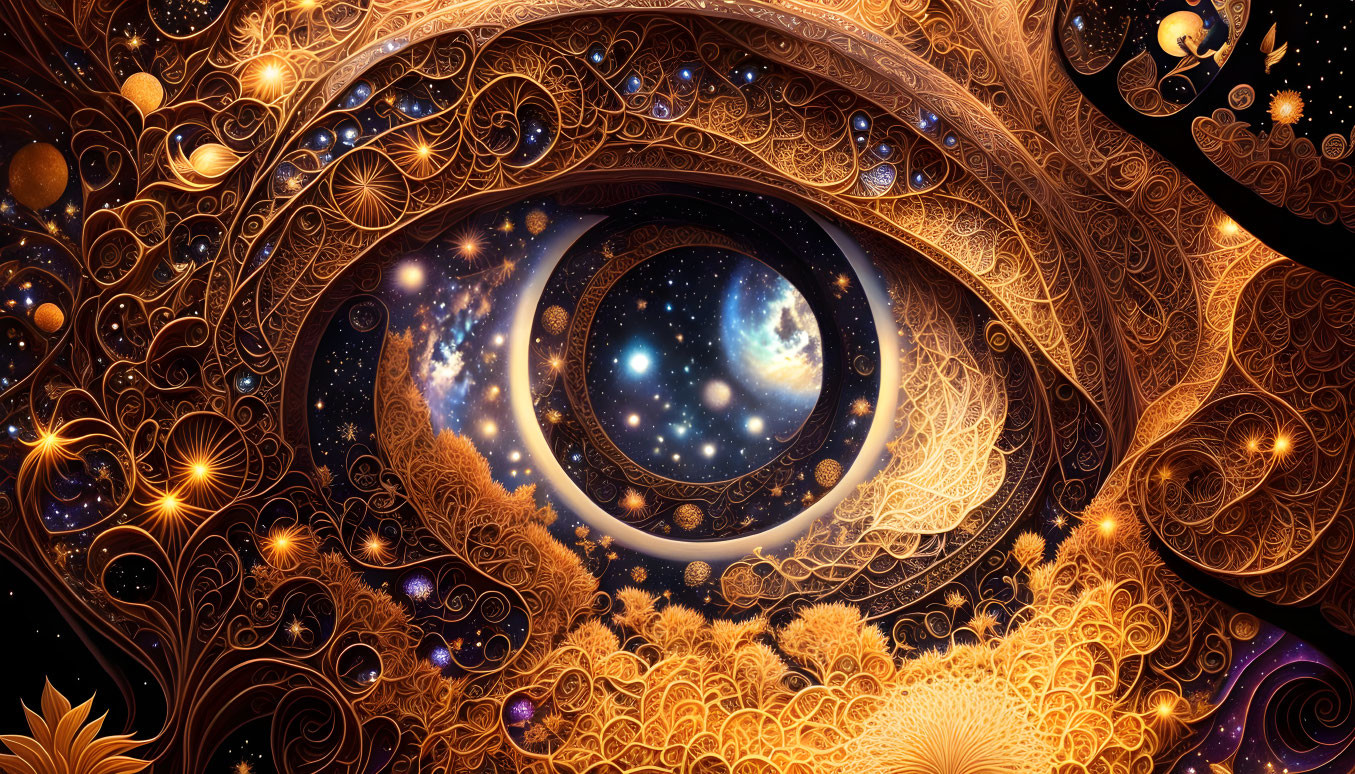 Cosmic digital artwork with golden swirling patterns around central eye galaxy