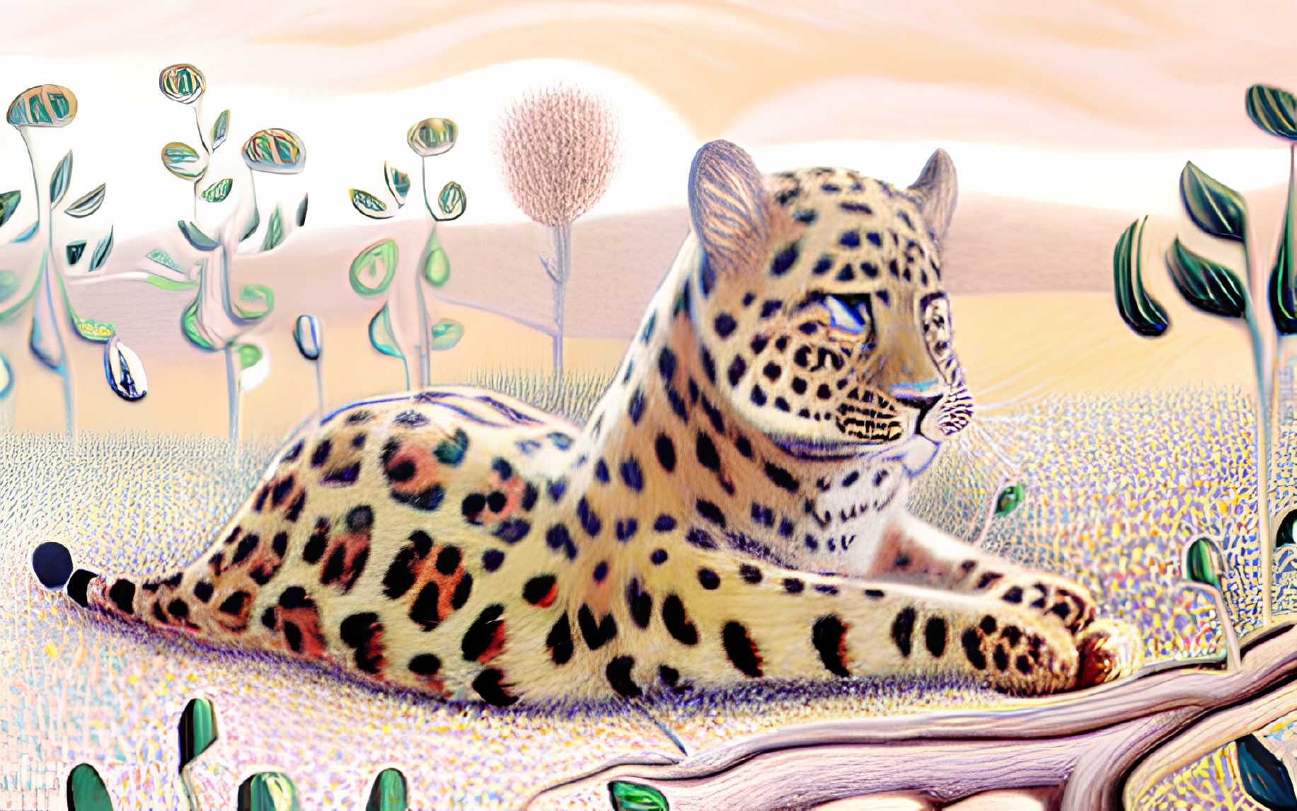 Spotted leopard on branch with whimsical flora in dreamlike background