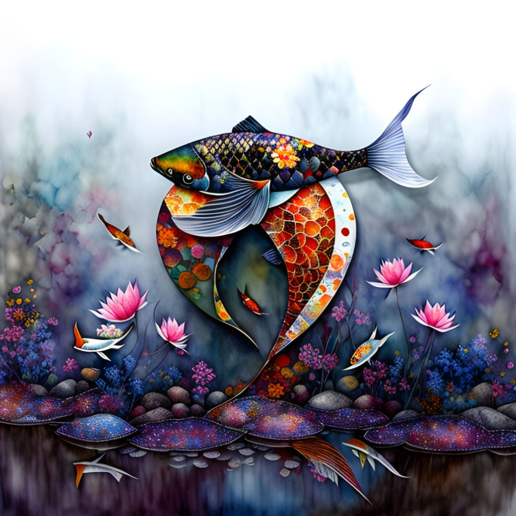 Colorful koi fish and lotus flowers in misty setting