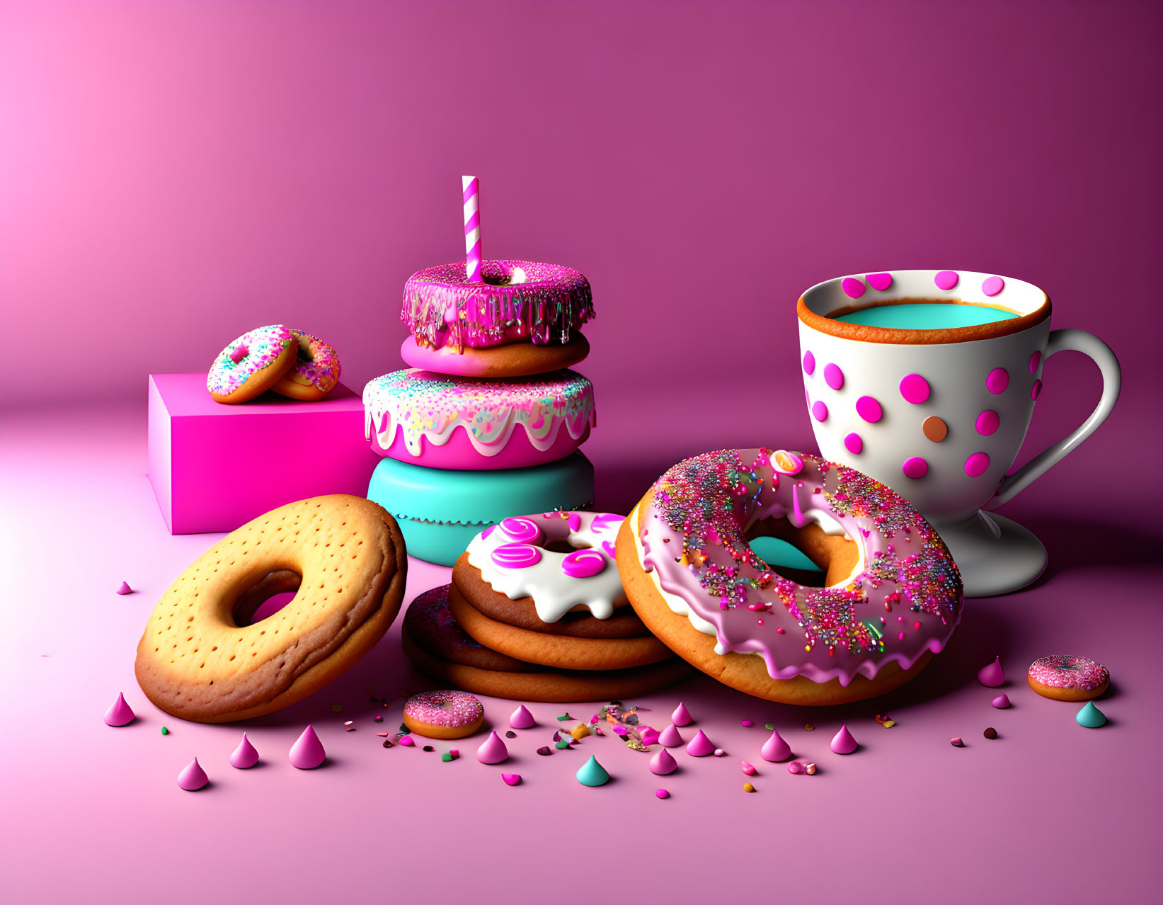 Colorful donuts and coffee on pink background with conical shapes