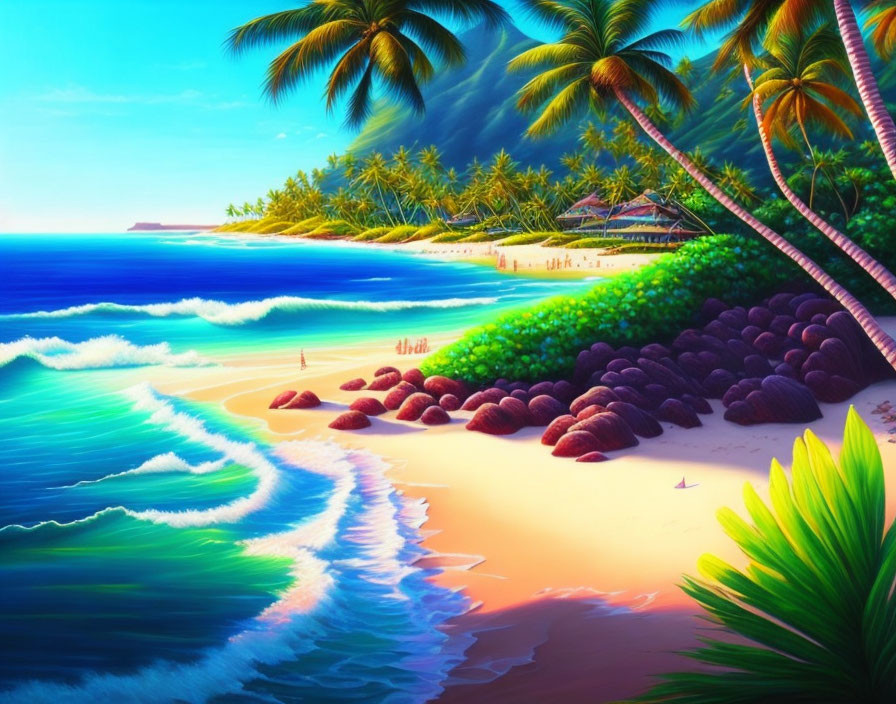 Tropical beach scene with palm trees, turquoise waves, golden sand, hut, rocks.