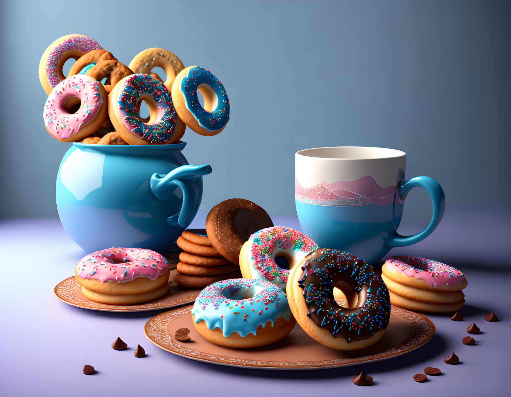 Assorted colorful doughnuts with sprinkles and coffee cups on plate, blue background