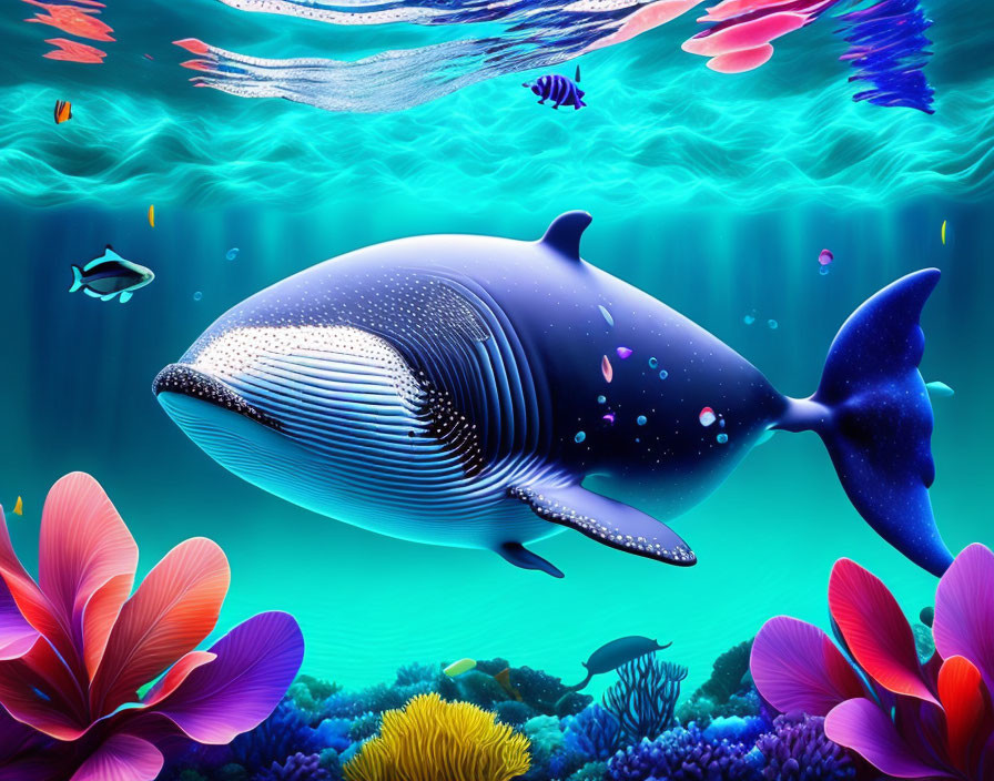 Vibrant Underwater Scene with Blue Whale, Coral, Fish, and Light Rays