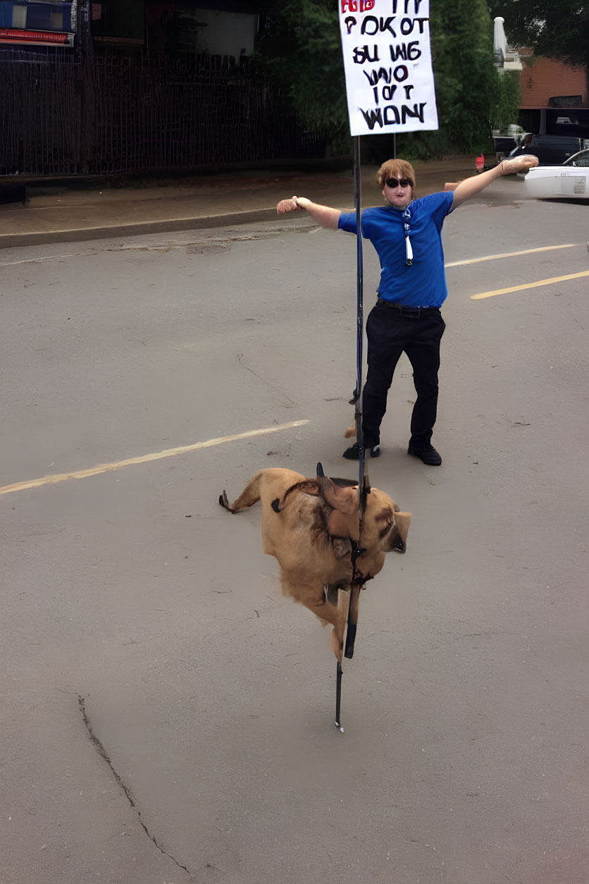 Person in Blue Shirt and Sunglasses Holding Sign on Street with Floating Dog