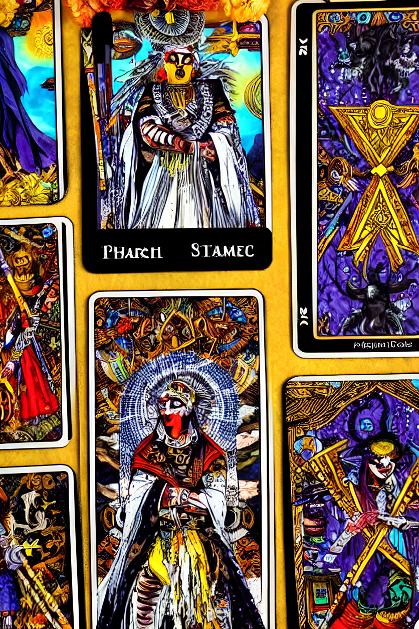 Colorful Tarot Cards with Mythical Figures and Symbols