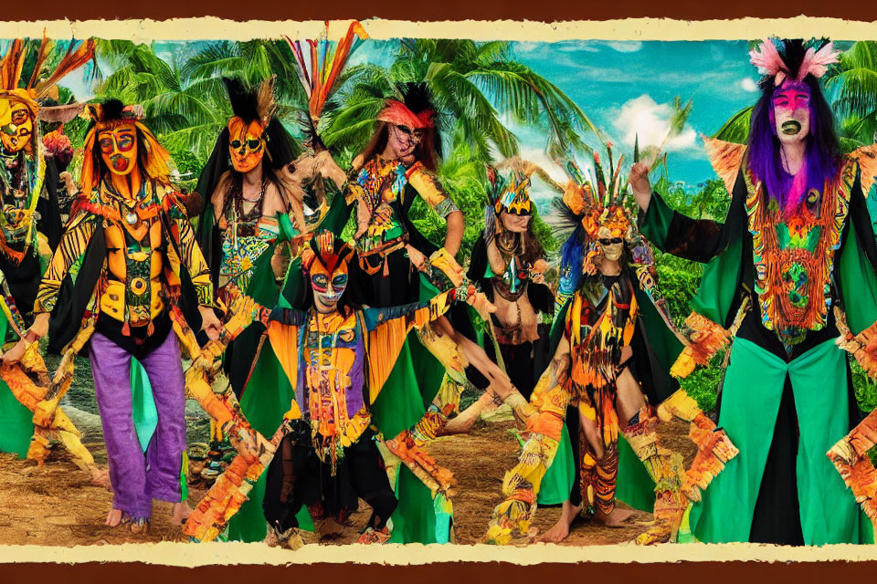 Vibrant Tropical Performers in Tribal-Inspired Costumes