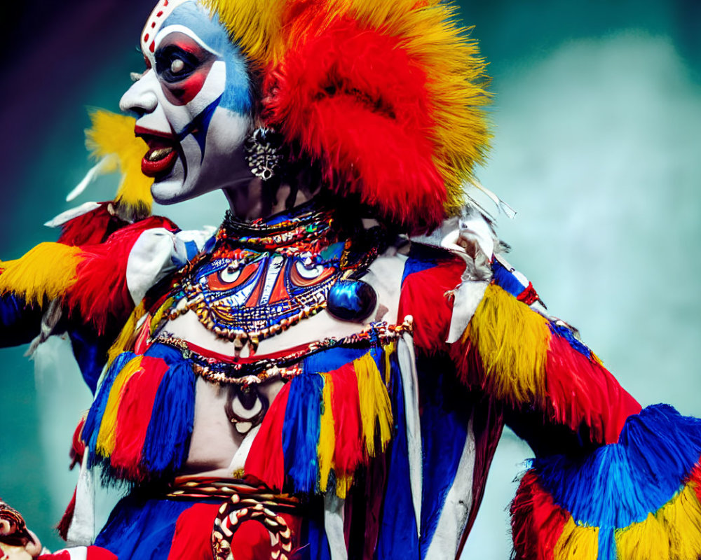 Colorful Clown in Vibrant Makeup and Costume Performing in Misty Setting