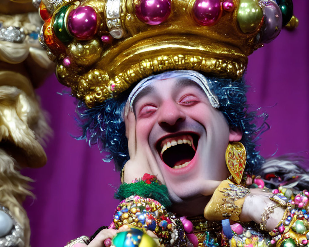 Colorful costume and golden crown: Laughing person with painted face and blue hair