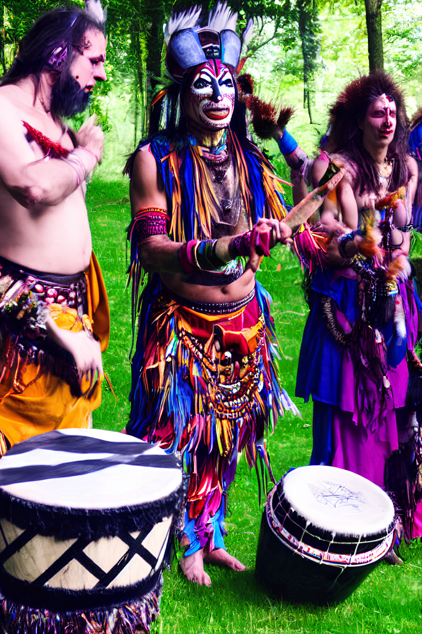 Native American-inspired attire drum ritual in lush green park