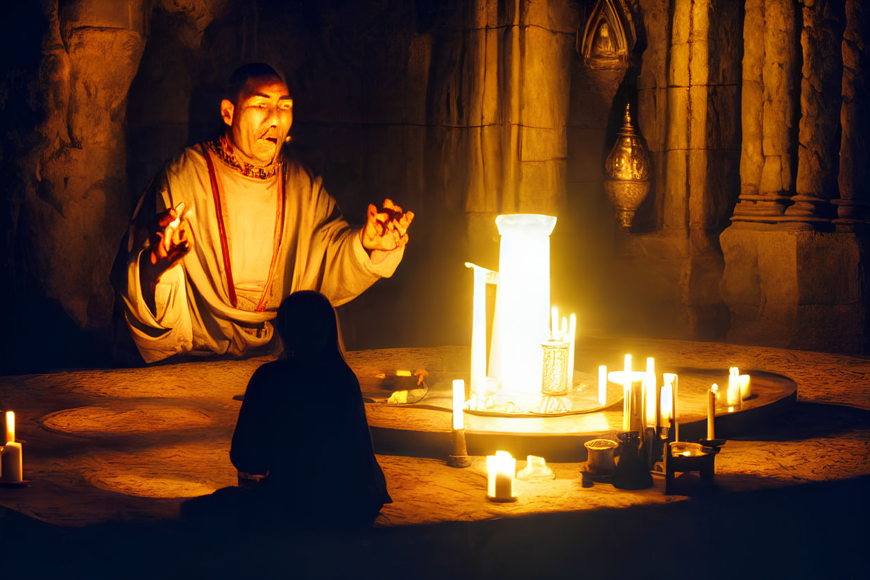 Monk in robes tells story to seated listener in candlelit Gothic room