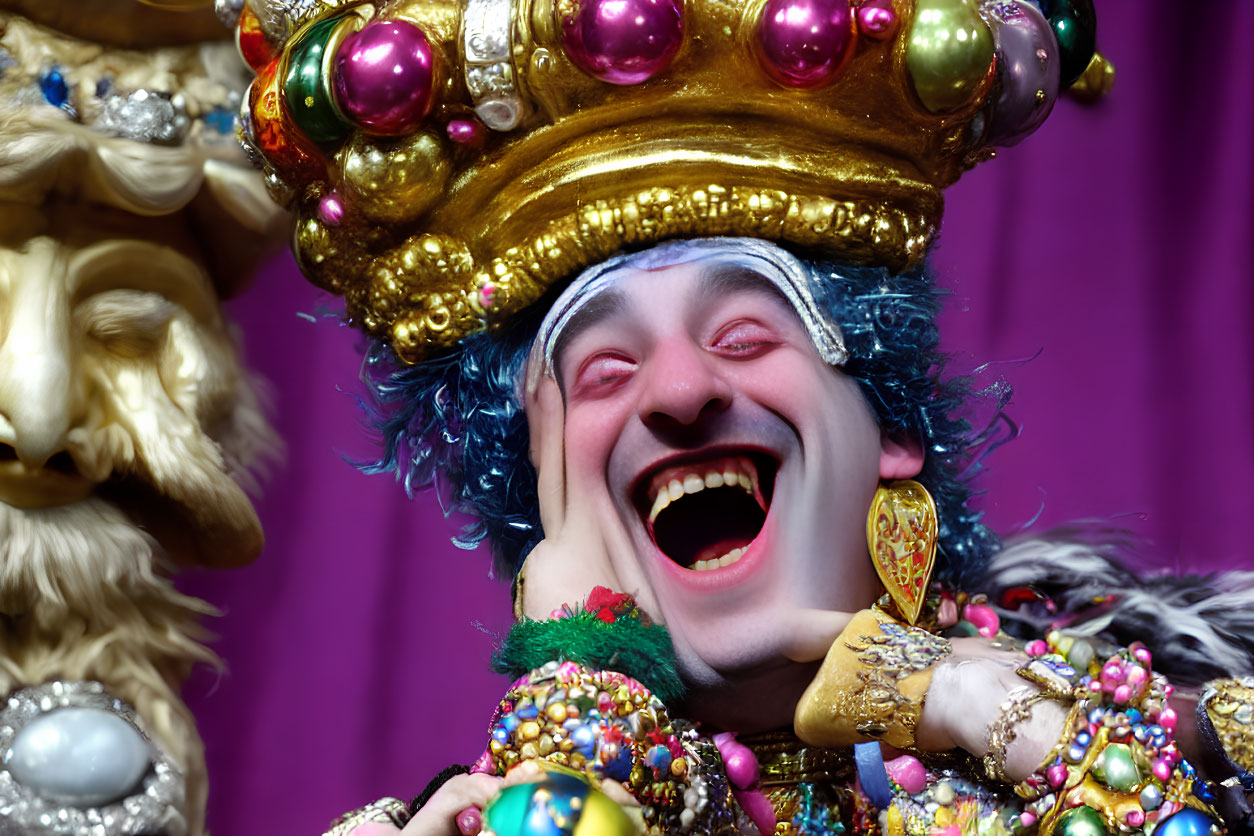 Colorful costume and golden crown: Laughing person with painted face and blue hair