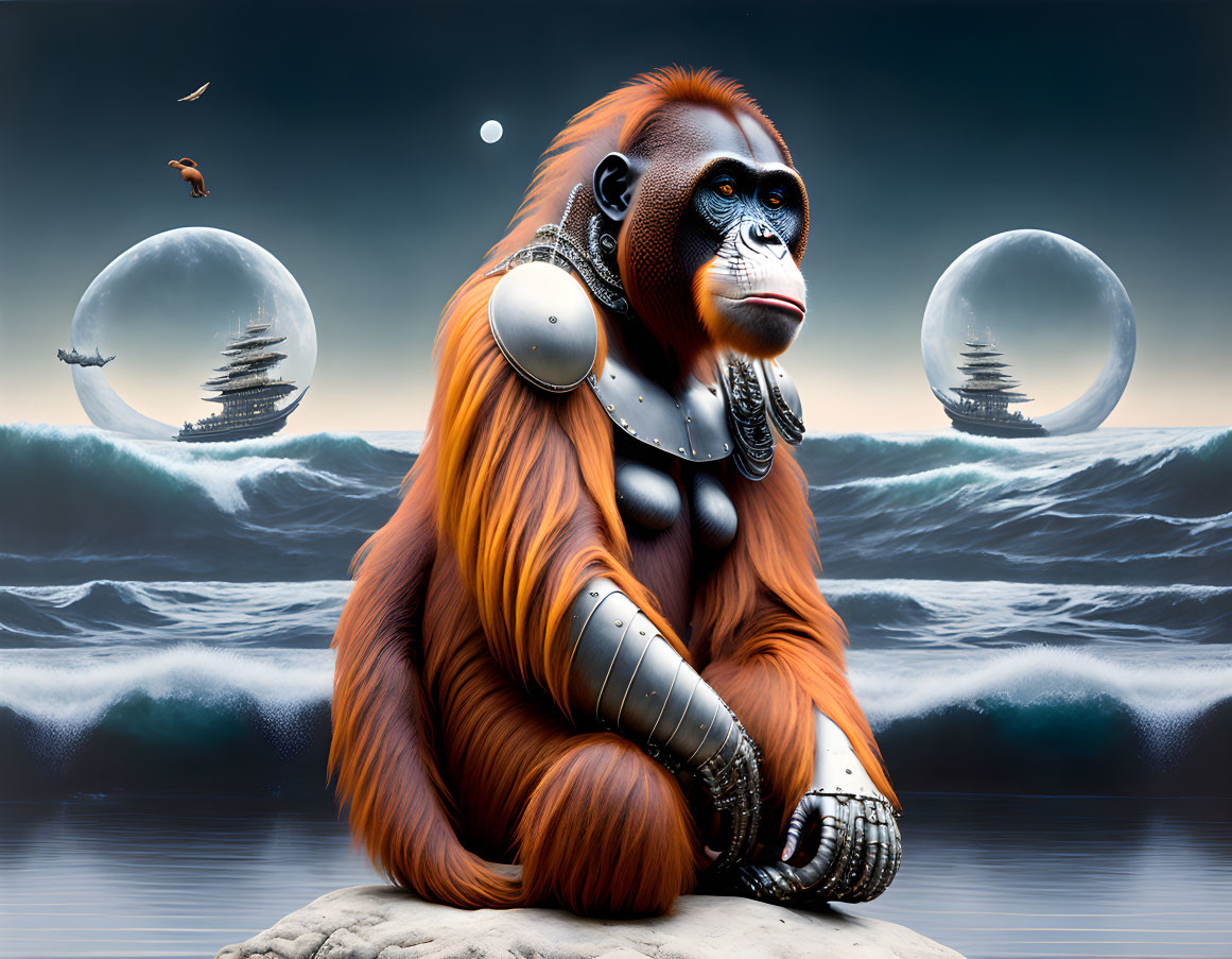 Surreal humanoid monkey with cybernetic arms by stormy seas