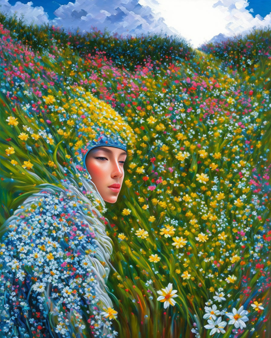 Person in Floral Headscarf in Vibrant Flower Field