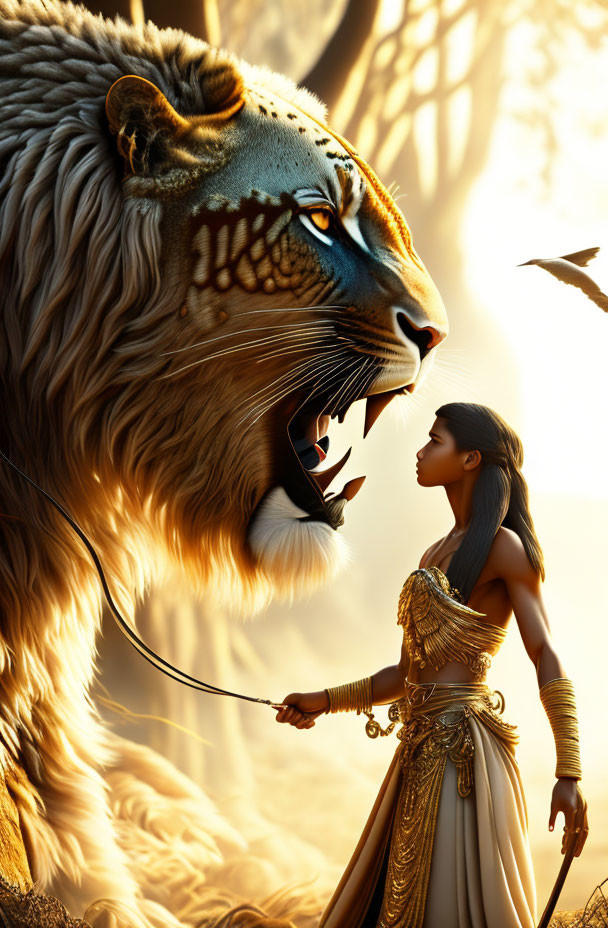 Golden-armored woman commands roaring lion in forest light