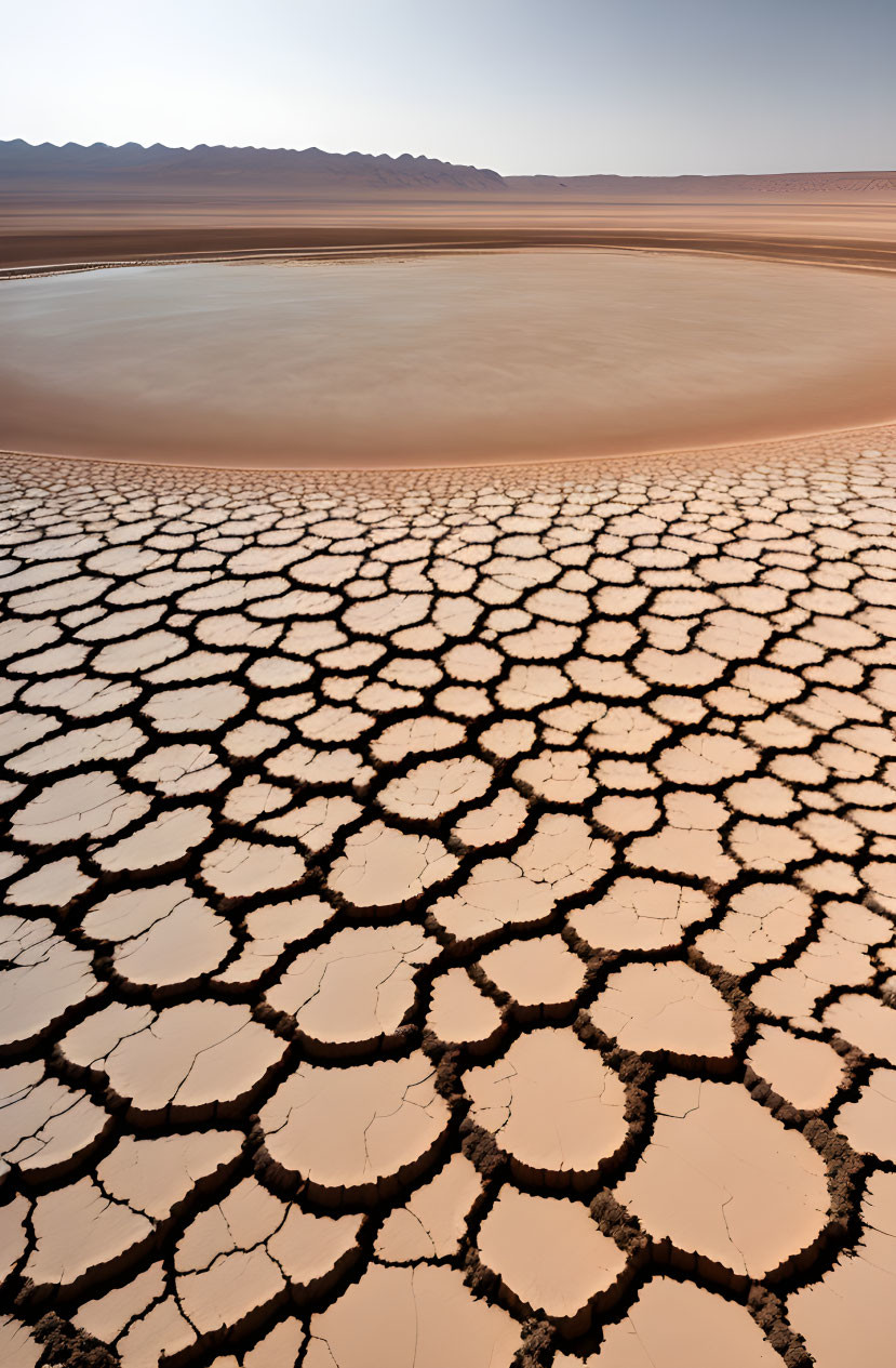 Dry Desert Floor Leading to Sandy Area and Mountains under Clear Sky