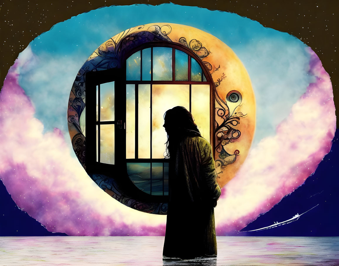 Silhouette of Person by Open Circular Window with Moon and Stars