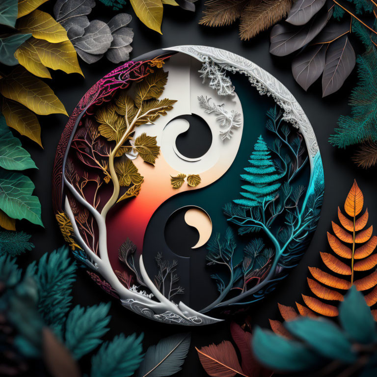 Yin-Yang Symbol with Colorful Metallic Leaves on Dark Background