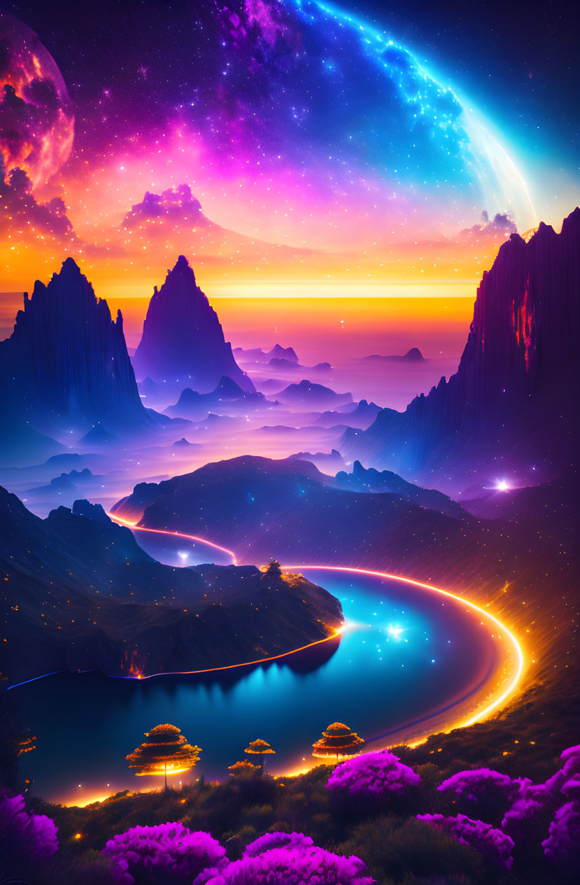 Vivid surreal landscape: neon colors, mountains, river, glowing trees, celestial galaxy, large moon