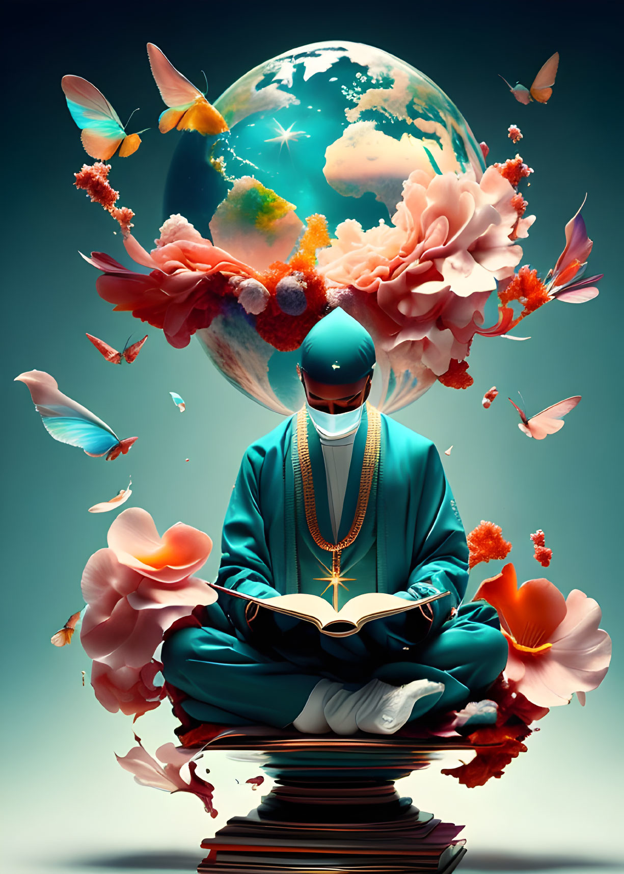 Surreal image: Person in scrubs meditating on books with Earth, flowers, butterflies