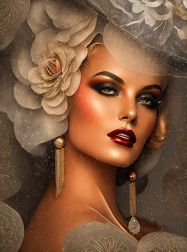 Digital illustration of woman with striking makeup, red lips, gold earrings, floral hat, and veil on