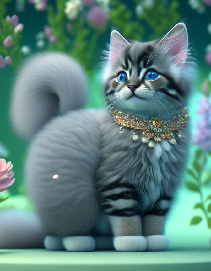 Gray Cat with Blue Eyes and Gold Necklace Among Flowers