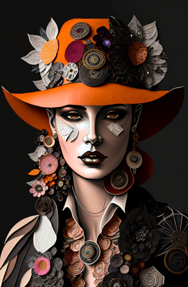 Digital artwork featuring woman with stylized makeup and orange hat.