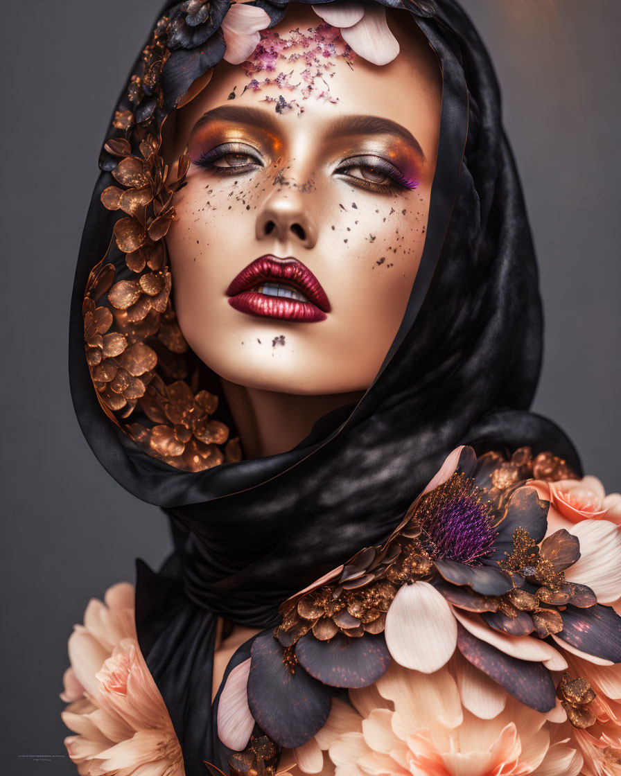 Woman with dramatic makeup and headscarf on grey background