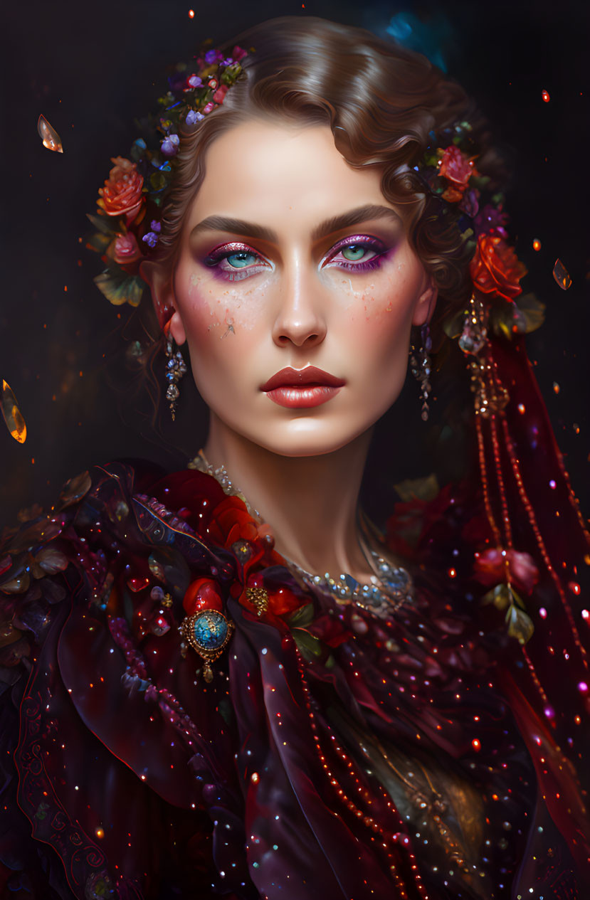 Illustrated woman with floral headpiece, vibrant makeup, crimson cloak & jewelry