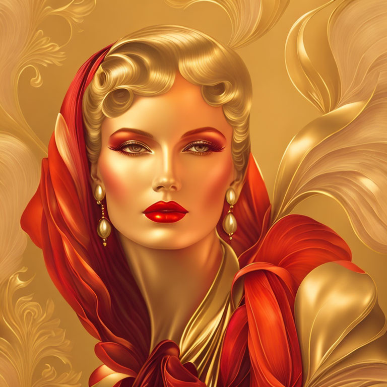 Illustration of Woman with Golden Hair and Red Headscarf