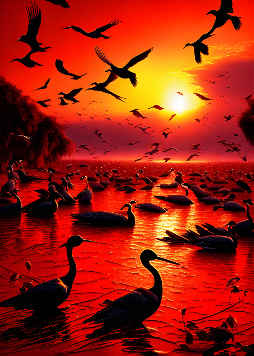 Birds flying over water at sunset with red and orange reflections