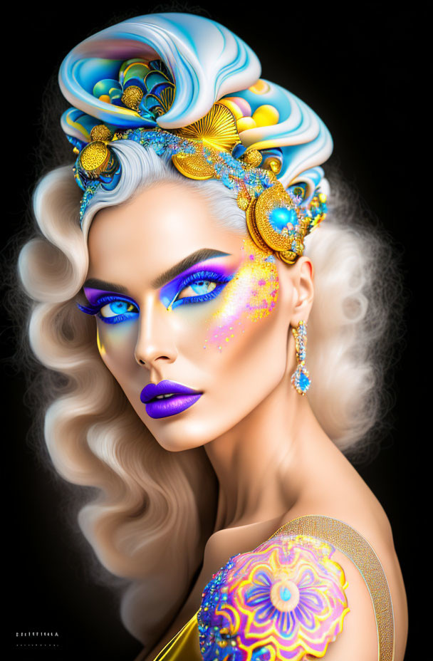 Fantasy makeup with vibrant blue hues, glitter, golden headdress, and wavy hair