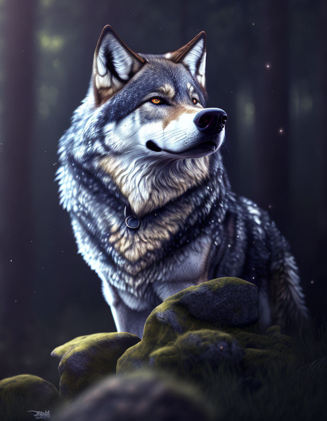 Majestic wolf with detailed fur among rocks in dimly lit forest