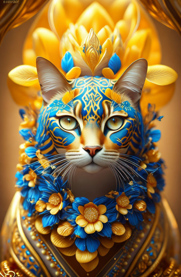 Digitally rendered cat with blue and gold face markings and ornate floral collar.