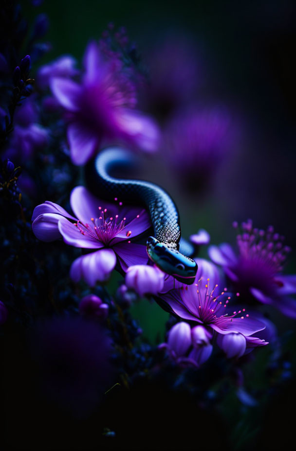 Colorful snake in purple flower setting with dark background.