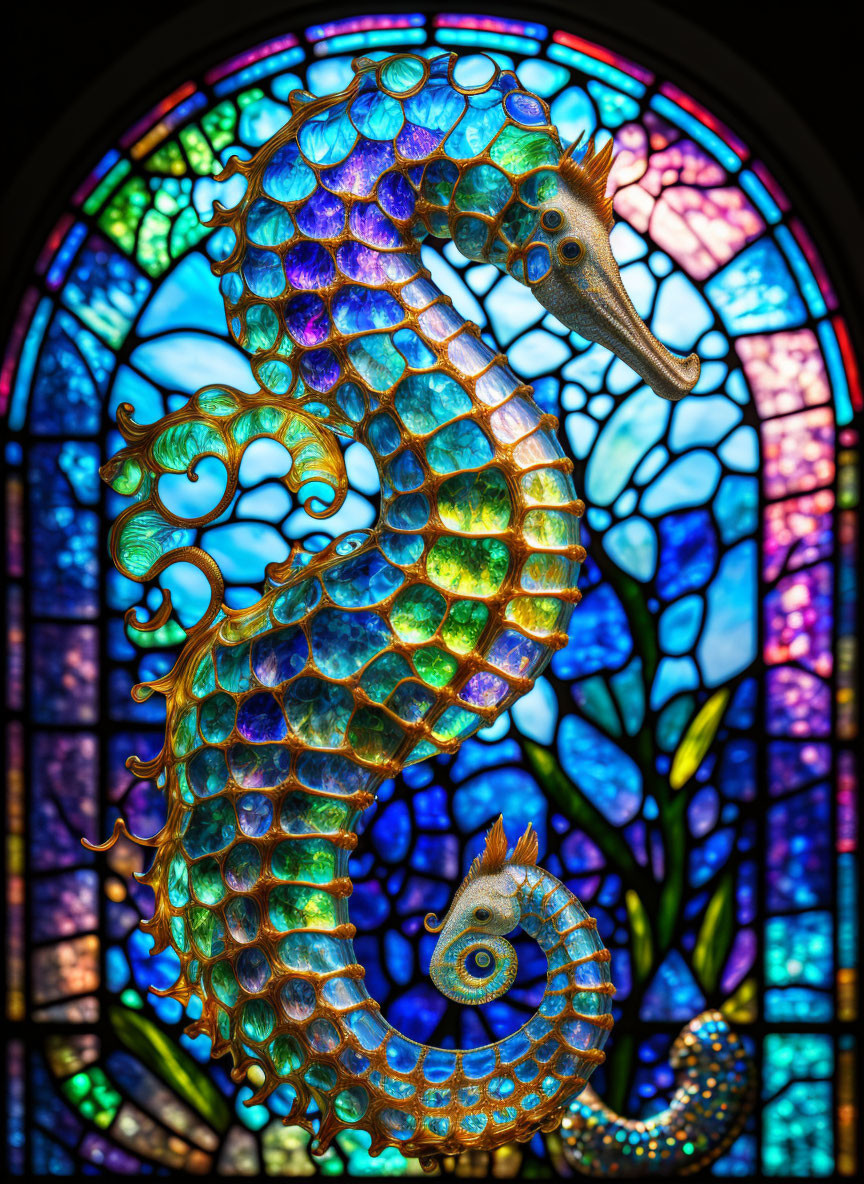 Colorful Seahorse Stained Glass Window with Mosaic Background