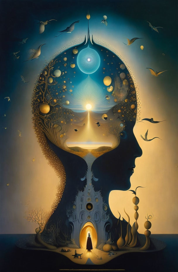 Surreal painting of human head silhouette with cosmic elements and starry sky.